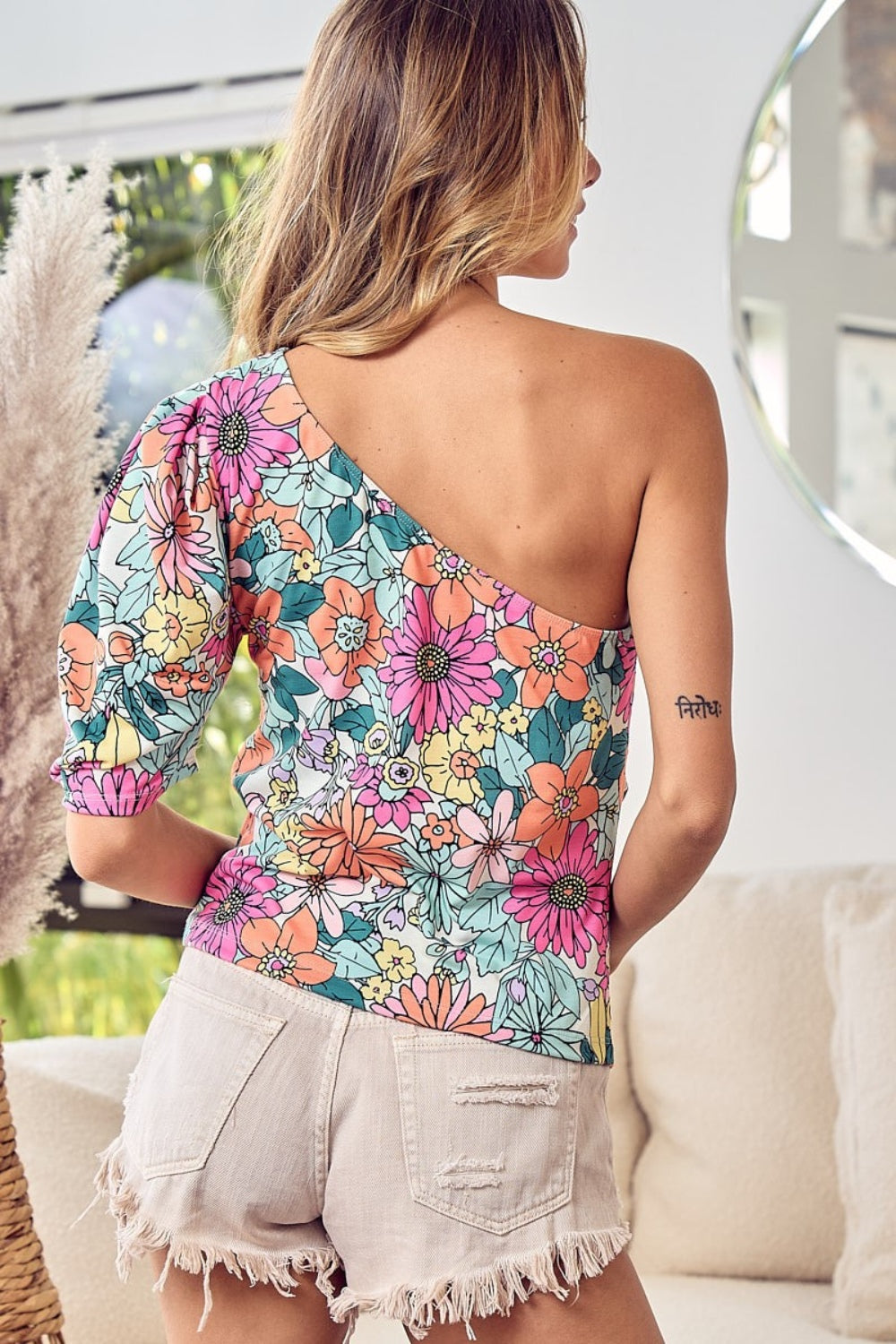 Floral Puff Sleeve One Shoulder Top by BiBi Back view