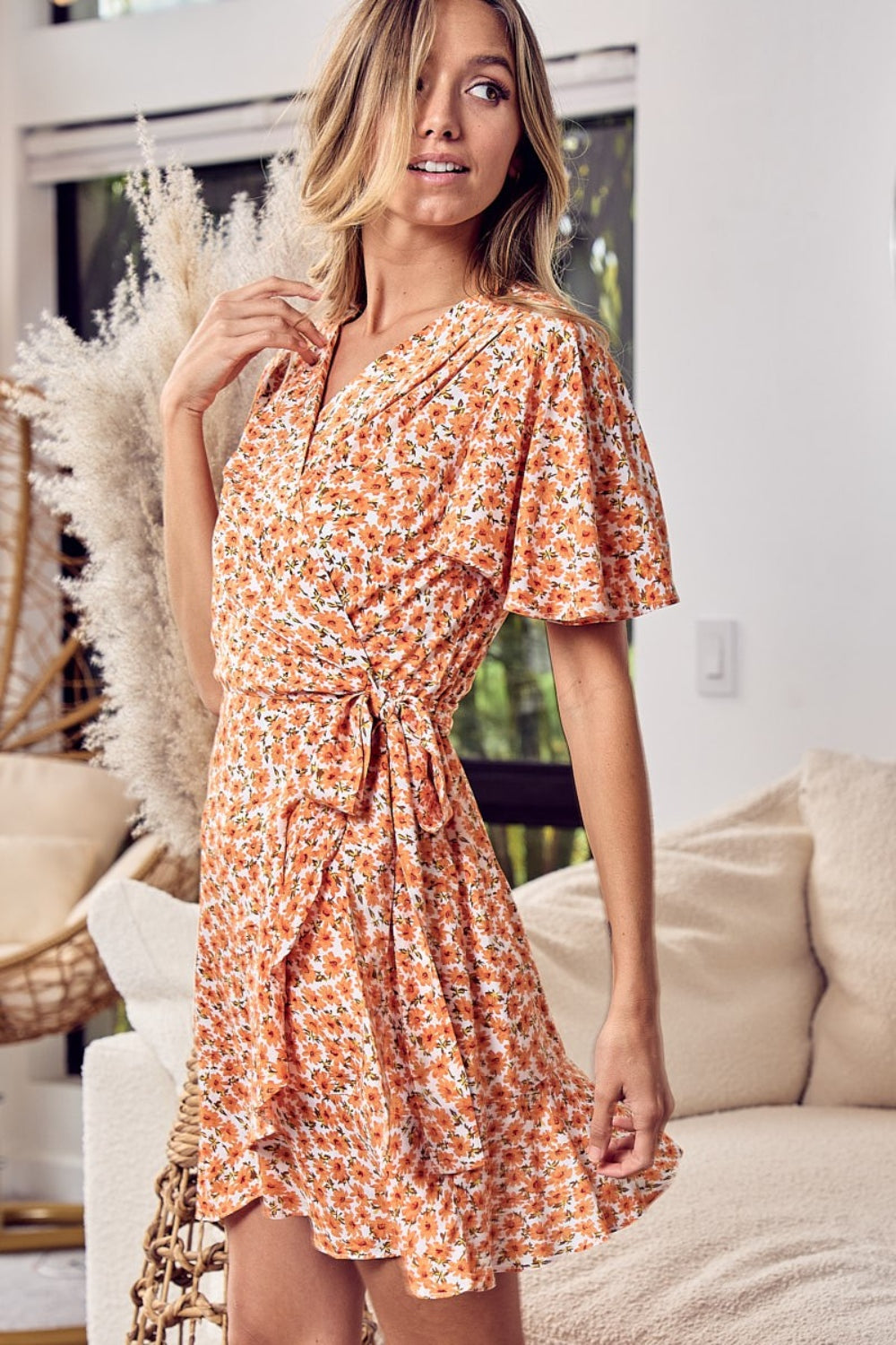 Floral Tied Short Sleeve Mini Wrap Dress by BiBi Side view