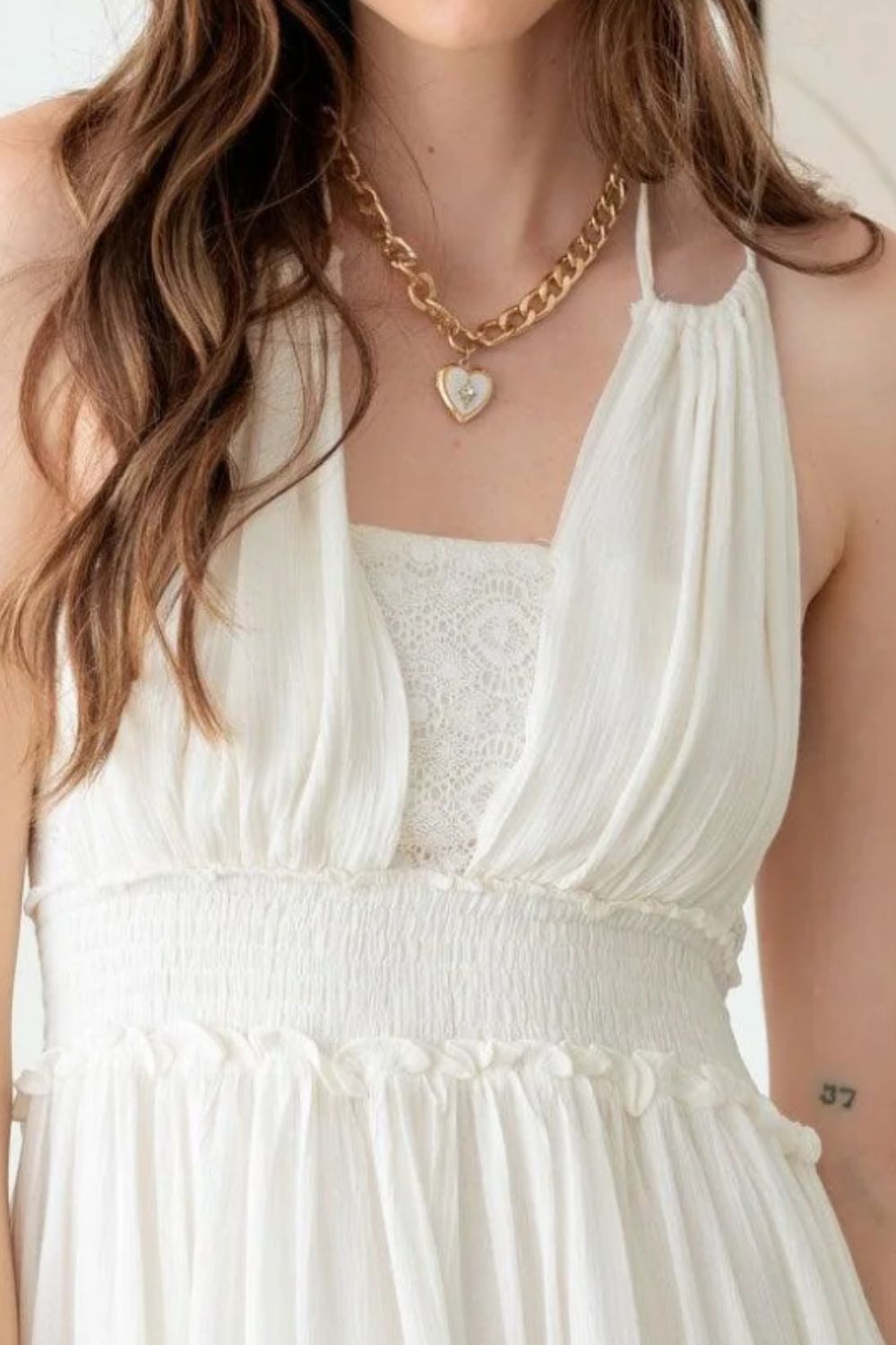 Mustard Seed Lace Open Back Ruffle Tiered Dress Closeup