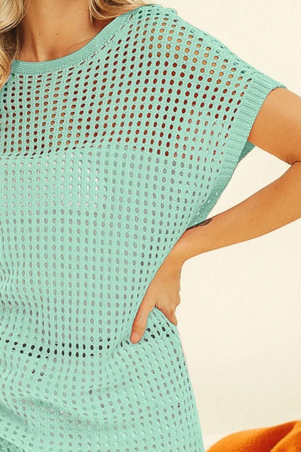 Openwork Short Sleeve Knit Cover Up by BiBi detail