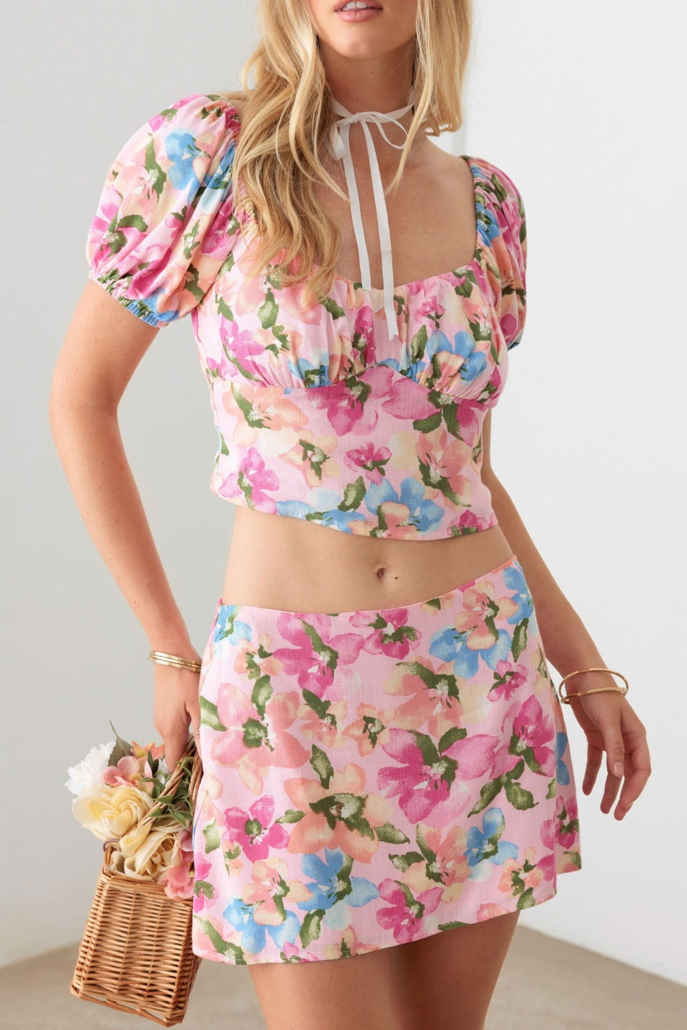 Pink Floral Puff Sleeve Crop Top and Mini Skirt Set closeup