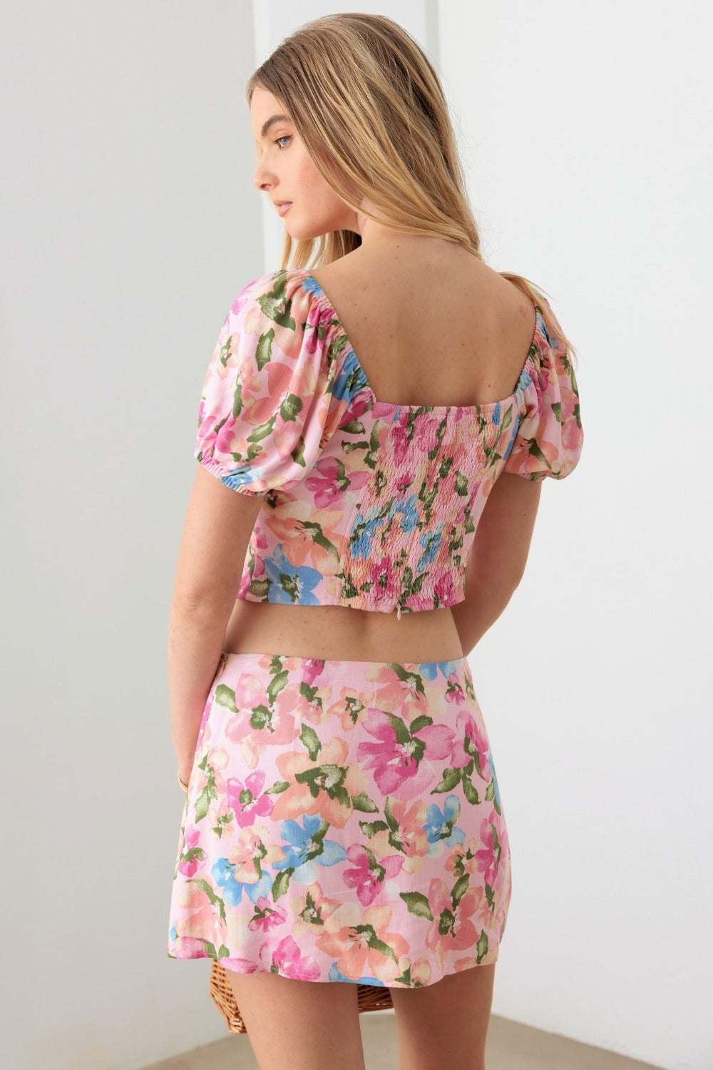 Pink Floral Puff Sleeve Crop Top and Mini Skirt Set from back