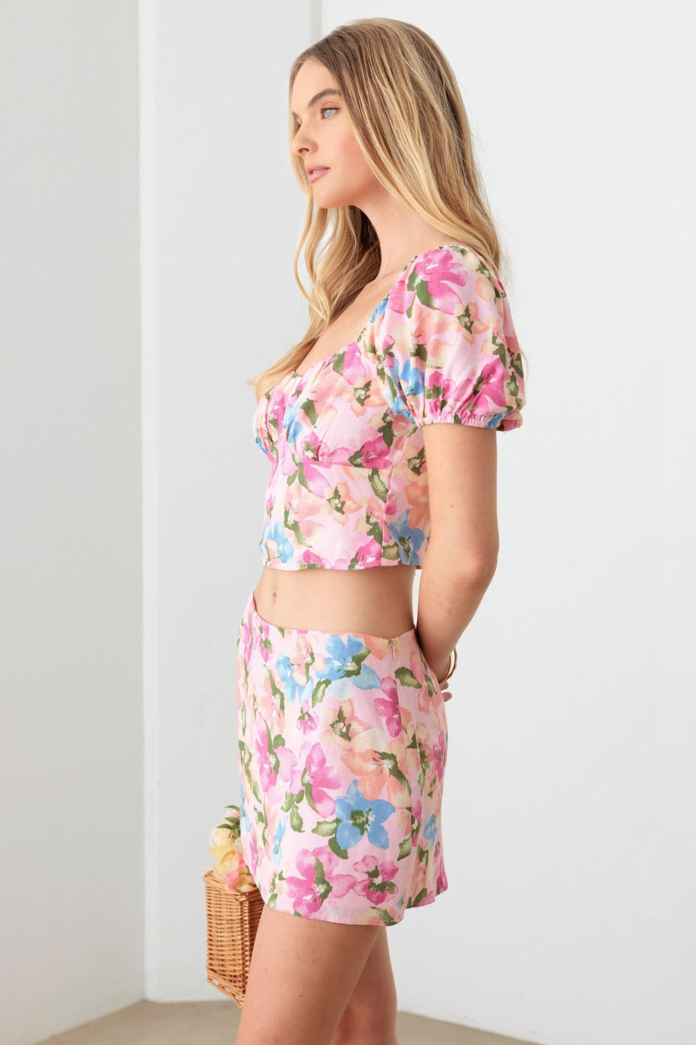 Pink Floral Puff Sleeve Crop Top and Mini Skirt Set side view