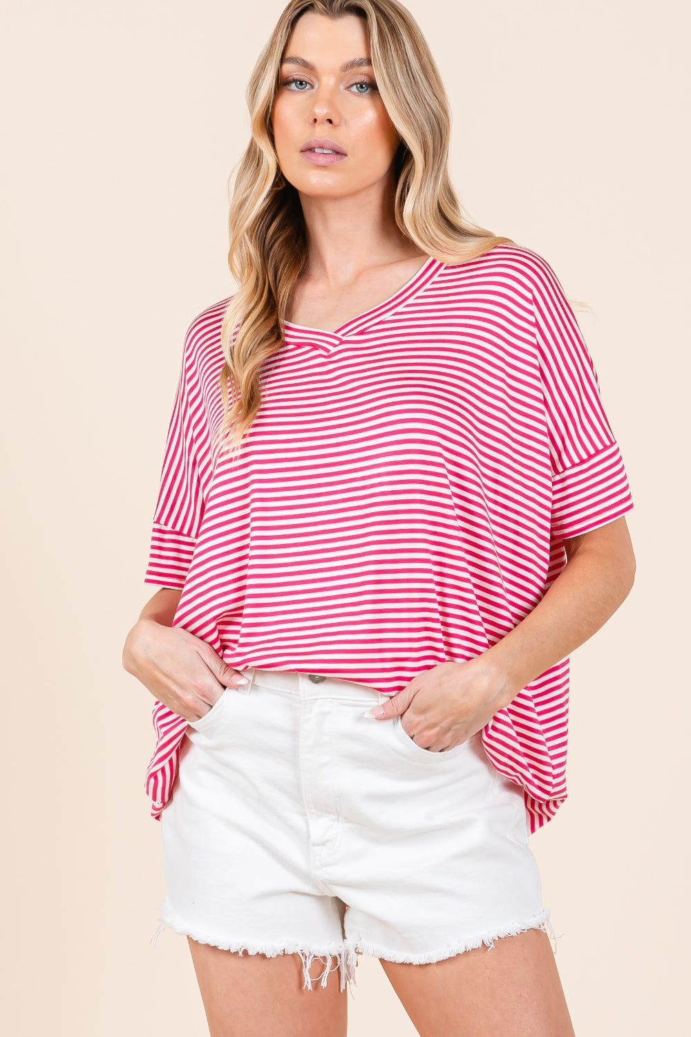 Pink and White Striped V-Neck T-Shirt