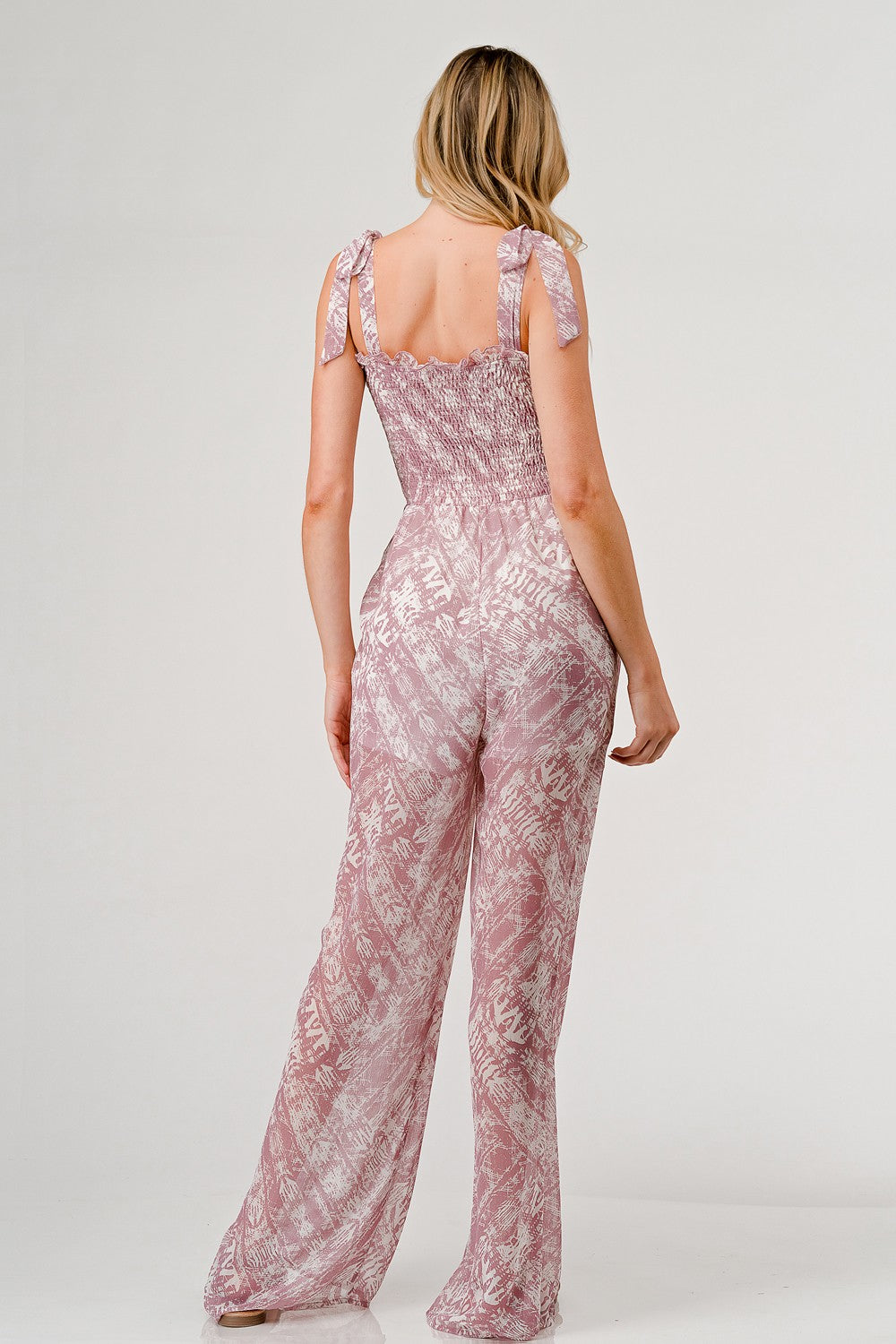 Printed Tie Shoulder Wide Leg Jumpsuit Back