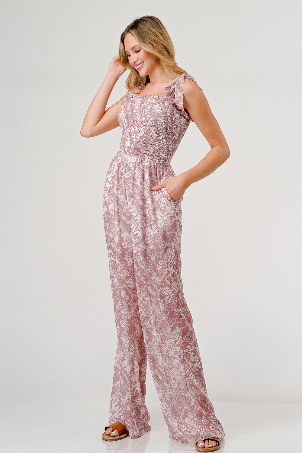 Printed Tie Shoulder Wide Leg Jumpsuit Side