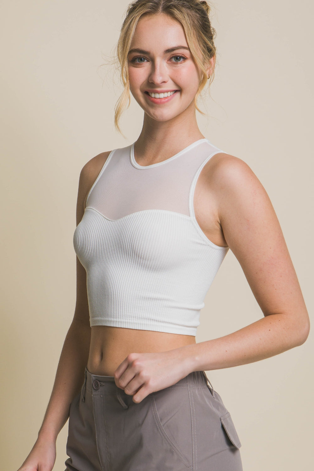 Round Neck Ribbed Cropped Mesh Tank Top Side