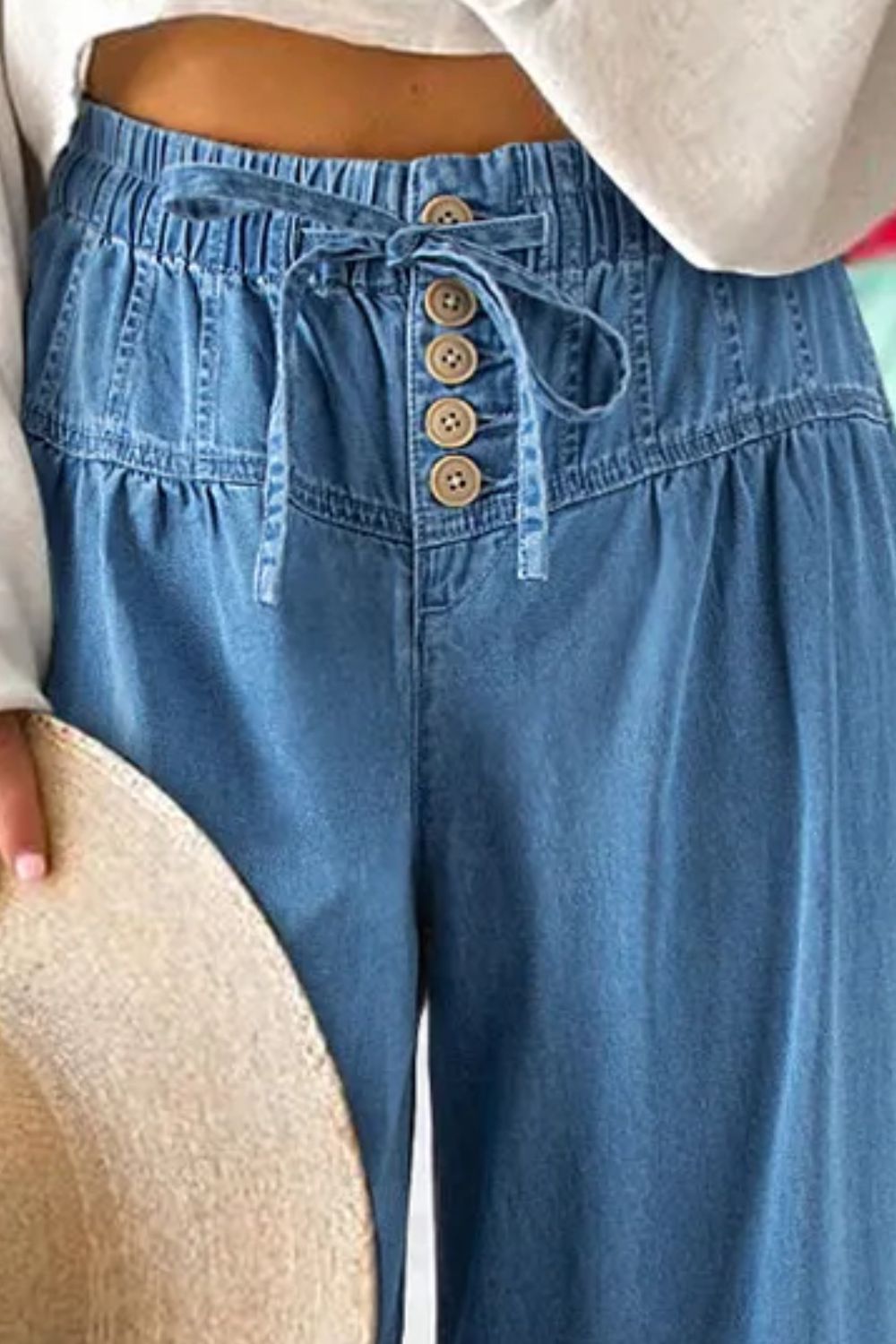 Wide Leg Jeans with Drawstring Elastic Waist closeup