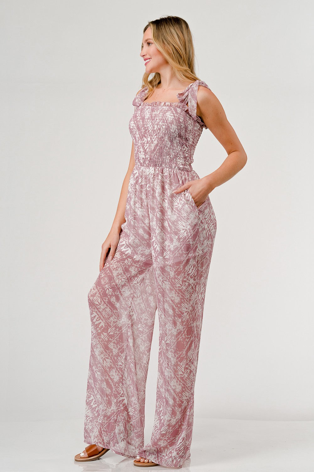 Printed Tie Shoulder Wide Leg Jumpsuit Side