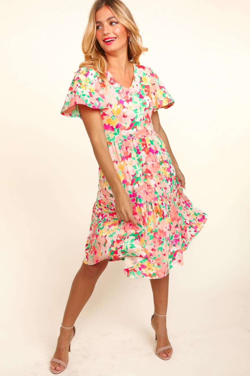 Tiered Floral Midi Dress with Pockets front2