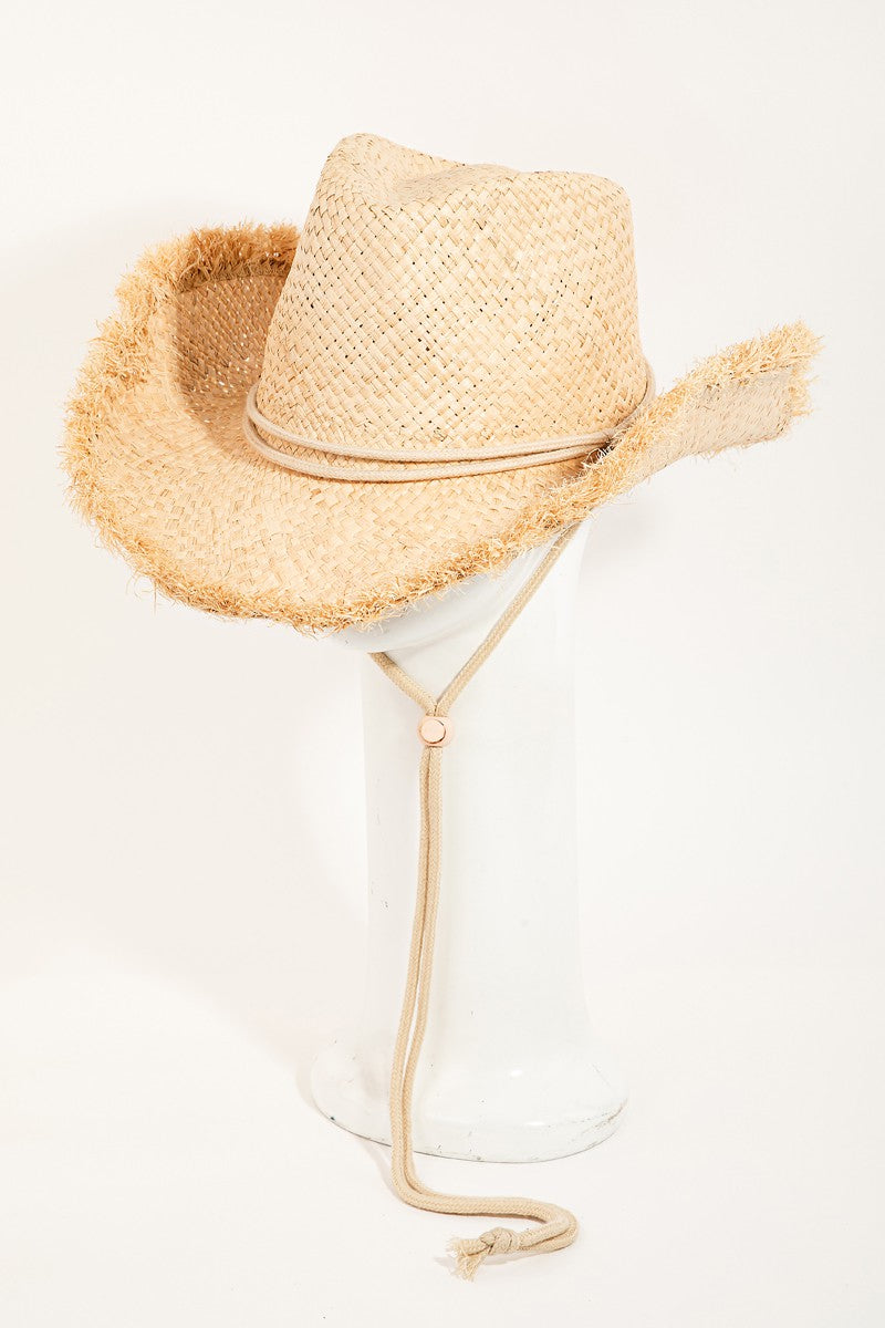 Straw Weave Cowgirl Hat with Raw Hem and Adjustable Strap