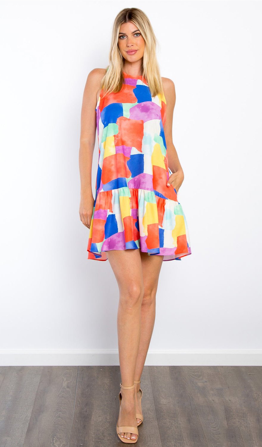 Abstract Print Ruffle Hem Mini Dress