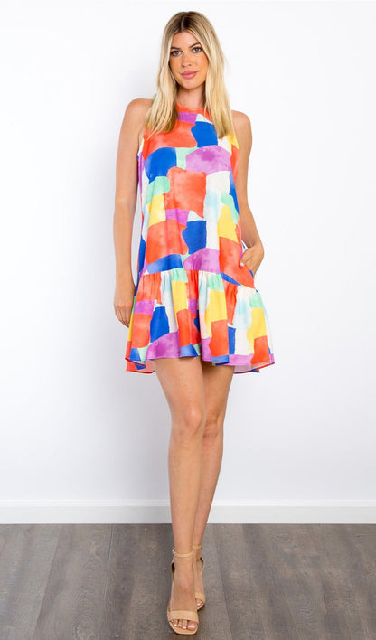 Abstract Print Ruffle Hem Mini Dress