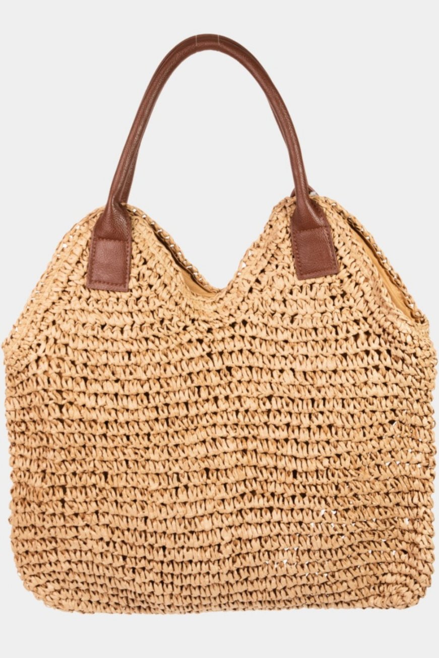 Braided Straw Shoulder Bag with Faux Leather Straps