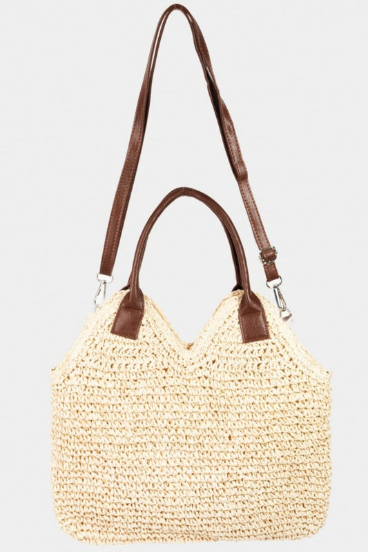 Braided Straw Shoulder Bag with 2 Faux Leather Straps