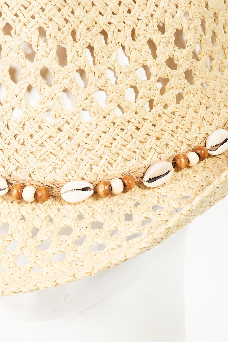 Closeup of Cowrie Shell Beaded String Straw Hat