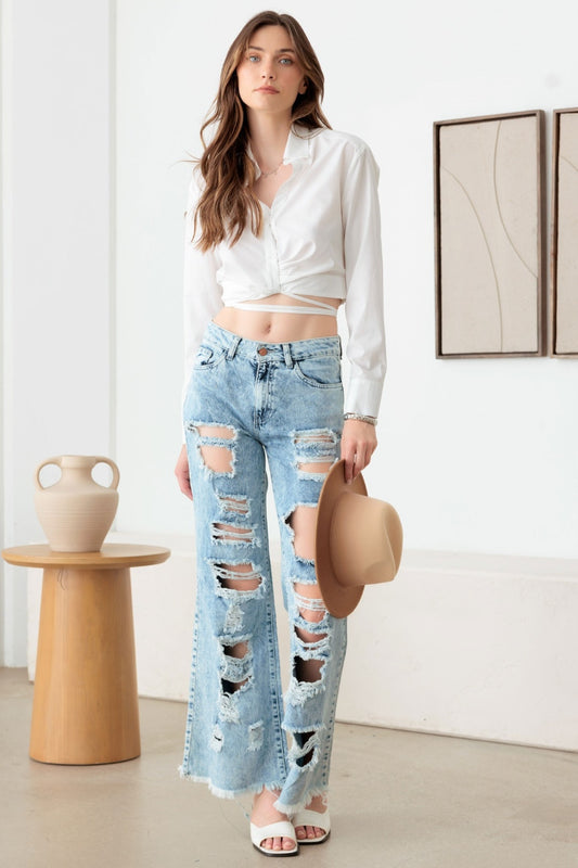Distressed Frayed Hem Flare Jeans by Litz La