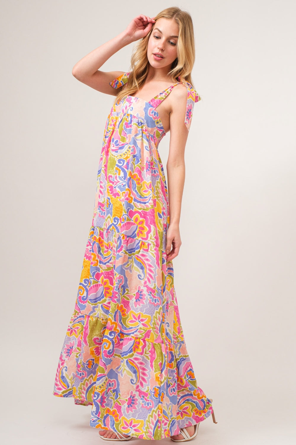 Floral Print Tie Shoulder Tiered Maxi Dress