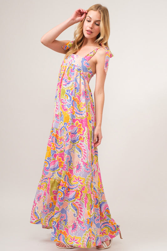 Floral Print Tie Shoulder Tiered Maxi Dress