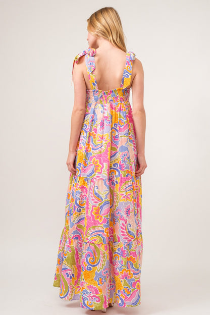 Floral Print Tie Shoulder Tiered Maxi Dress Back