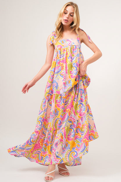 Floral Print Tie Shoulder Tiered Maxi Dress front