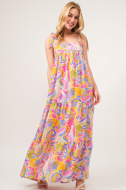 Floral Print Tie Shoulder Tiered Maxi Dress front2