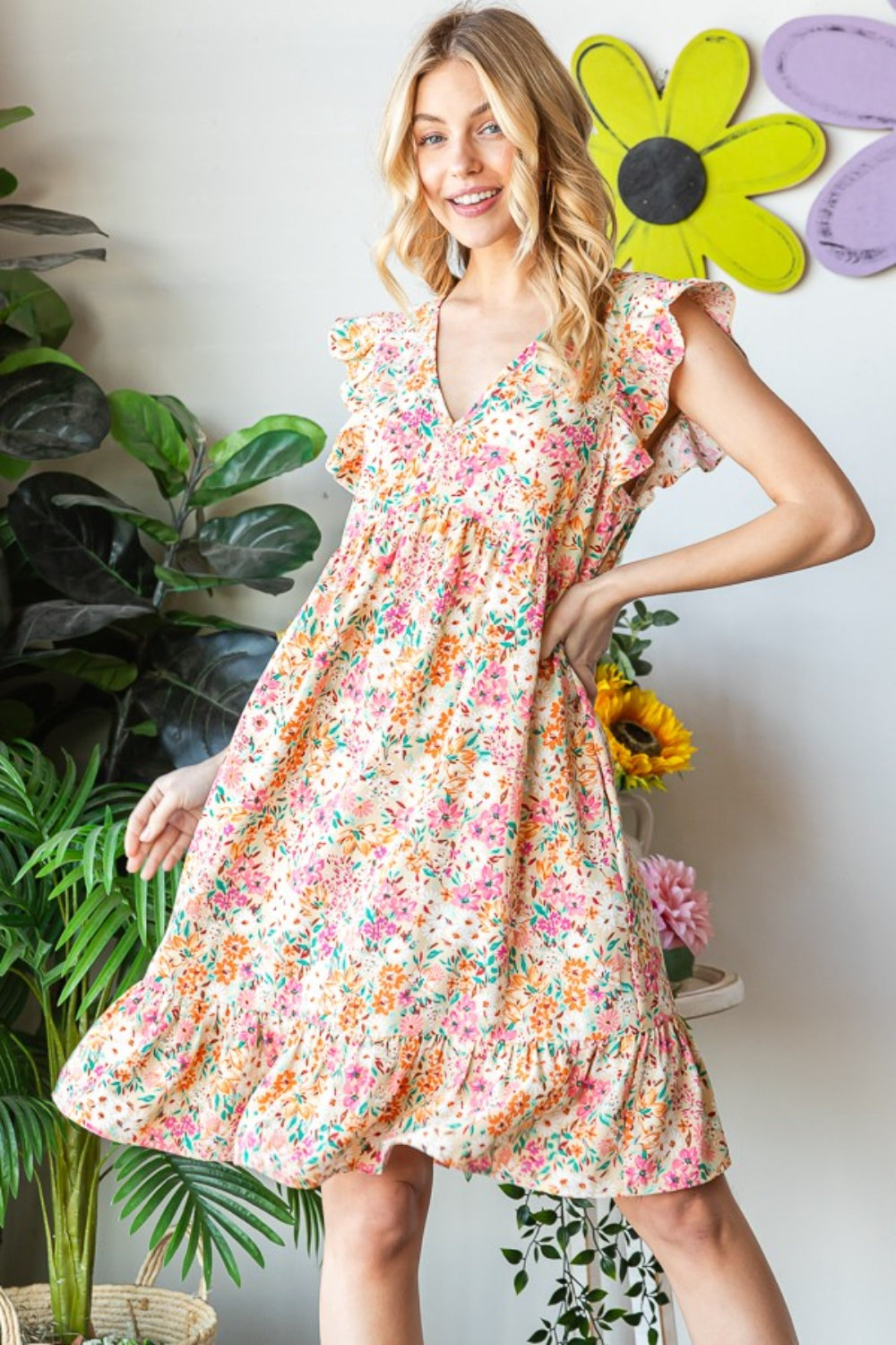 Floral Ruffled V-Neck Dress