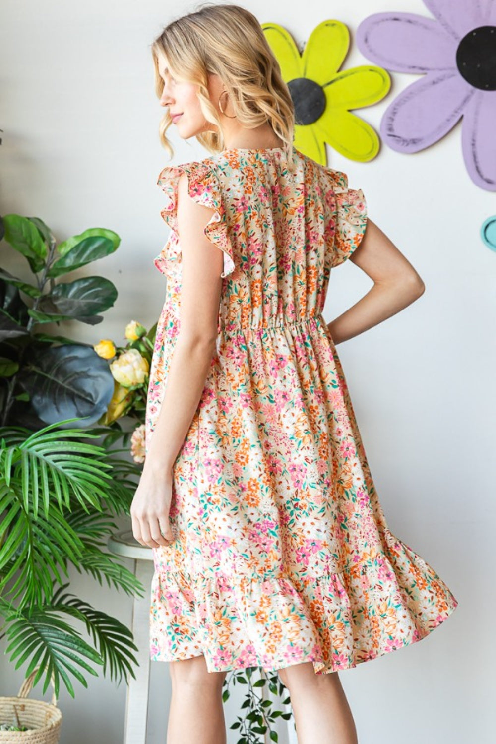 Floral Ruffled V-Neck Dress Back