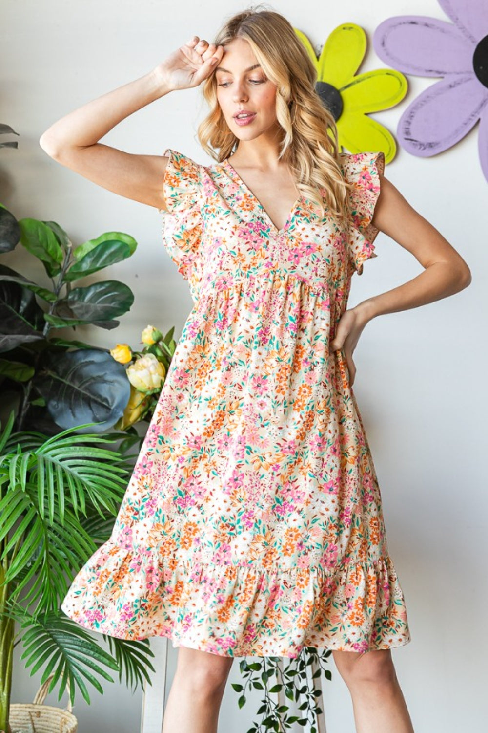 Floral Ruffled V-Neck Dress Front2