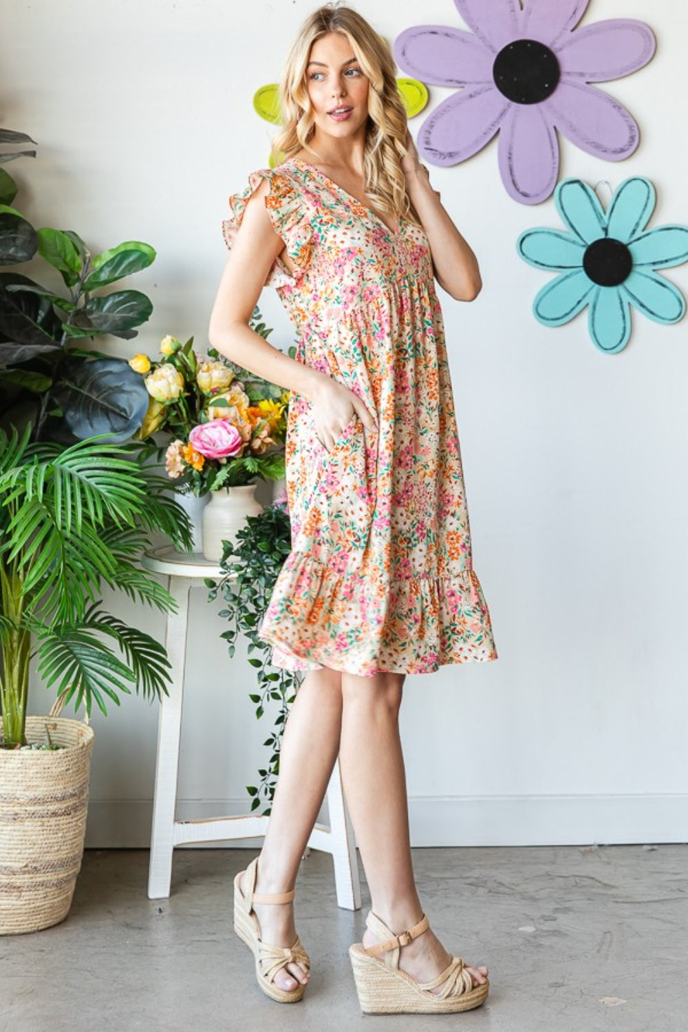 Floral Ruffled V-Neck Dress Side