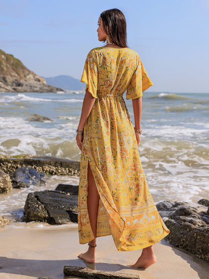 Floral print Half Sleeve Dress with Drawstring Waist back view