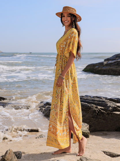 Floral print Half Sleeve Dress with Drawstring Waist Plunge side2