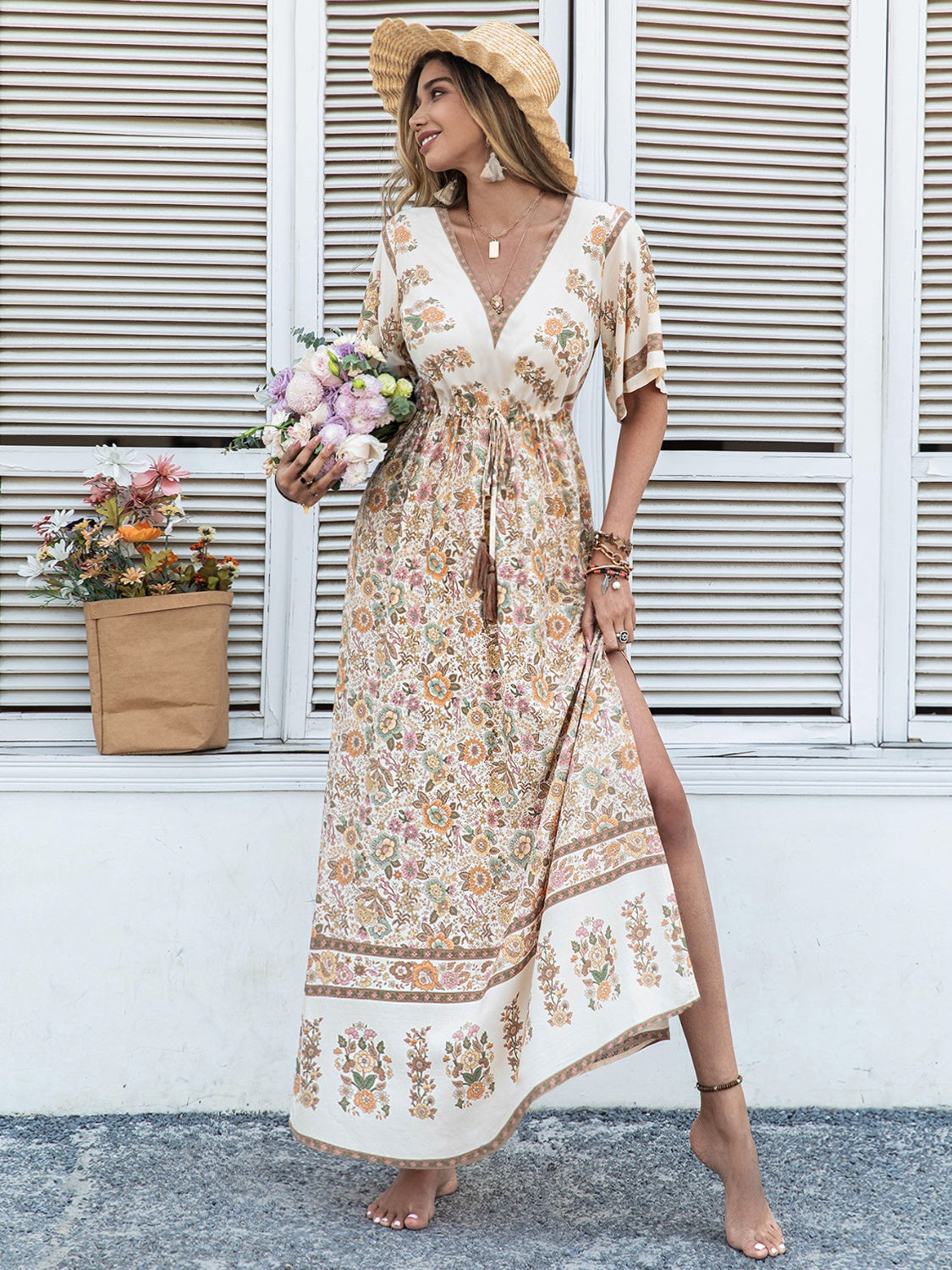 Floral print Half Sleeve Dress with Drawstring waist white
