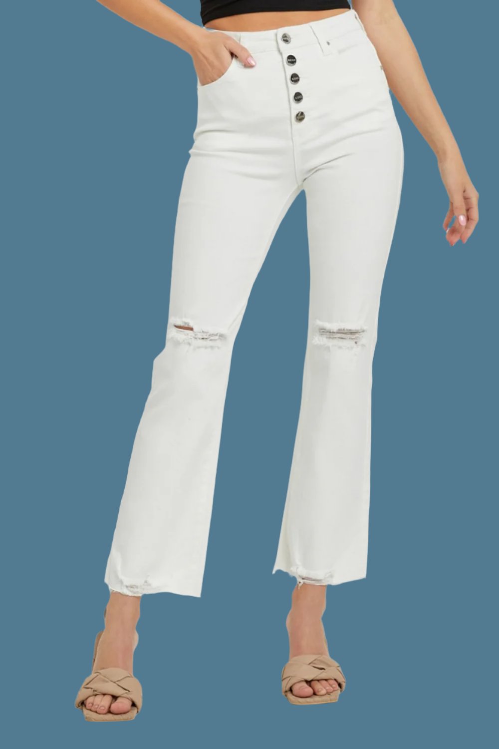 High Rise Button Fly Straight Ankle Jeans