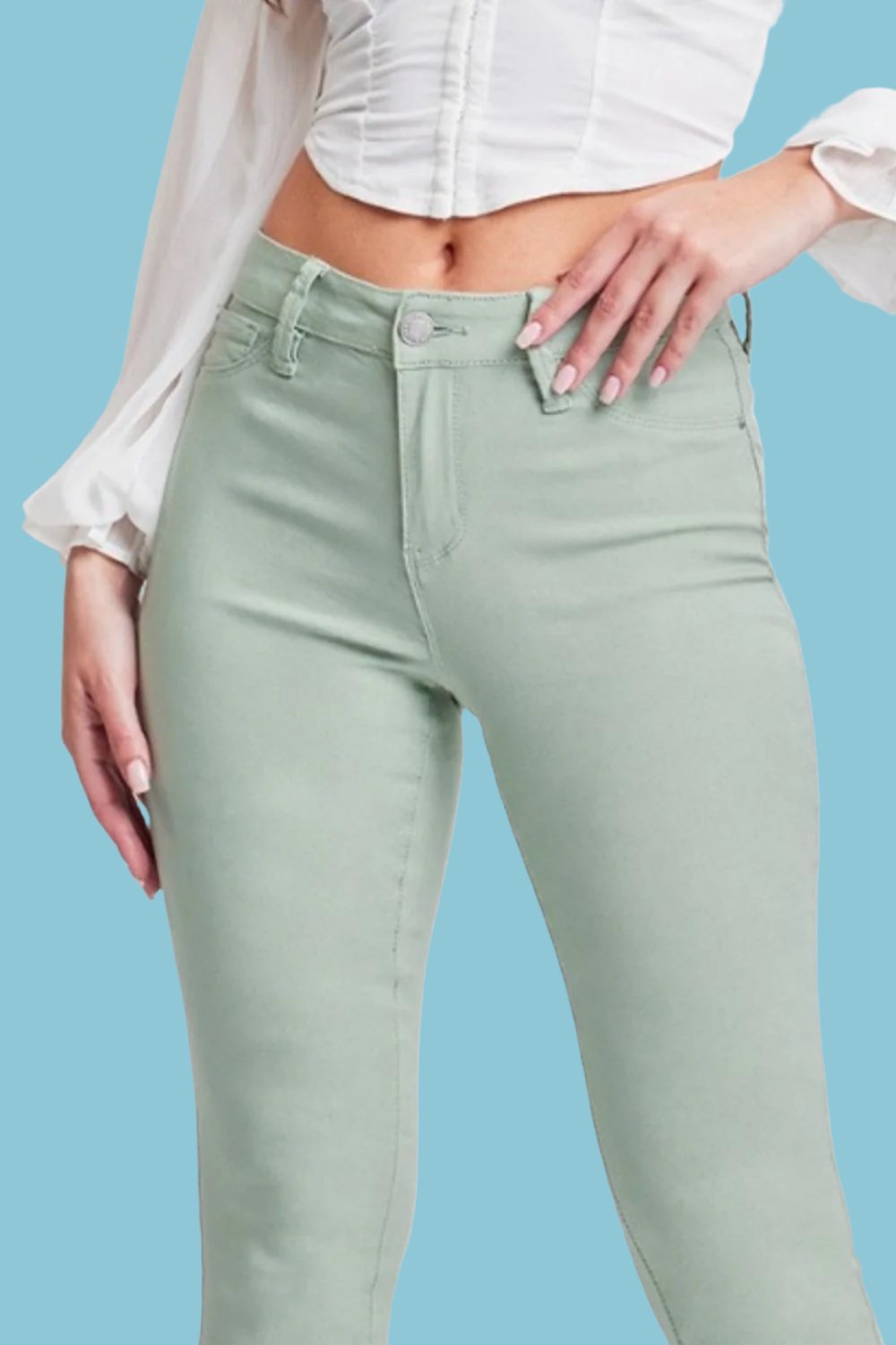 Hyperstretch Mid-Rise Skinny Jeans Jade Closeup