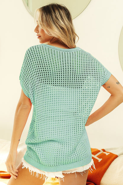 Openwork Short Sleeve Knit Cover Up by BiBi Back