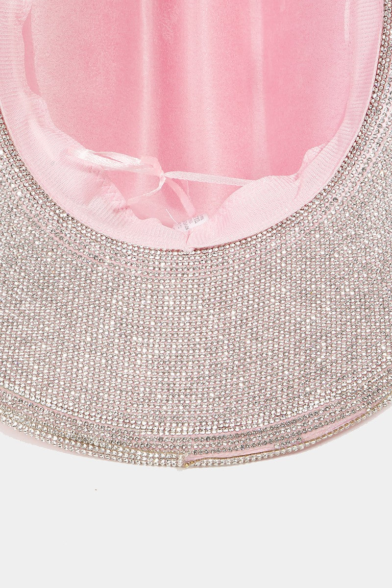 Pave Rhinestone Trim Faux Suede Hat Detail