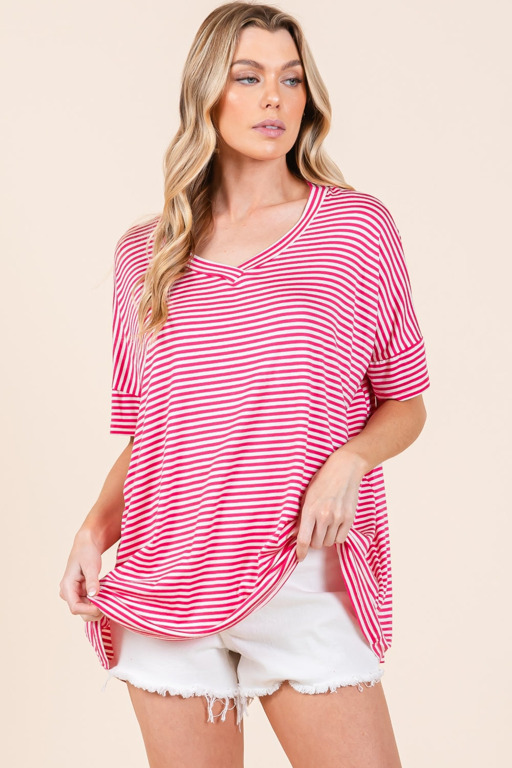 Pink and White Striped V-Neck T-Shirt front