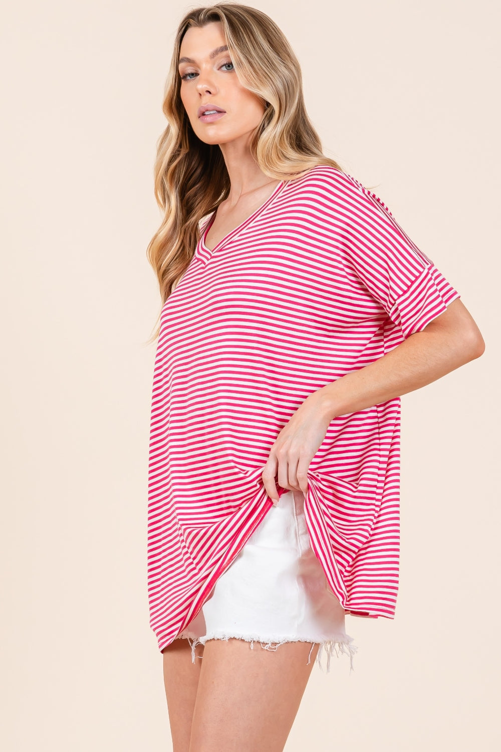 Pink and White Striped V-Neck T-Shirt side