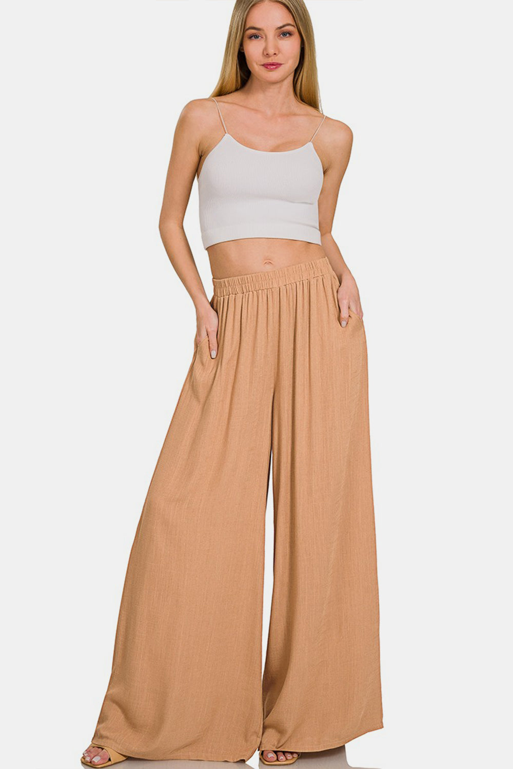 Pleated Linen Blend Wide Leg Pants Model