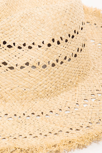 Raw Hem Weave Hat with Openwork Design Detail