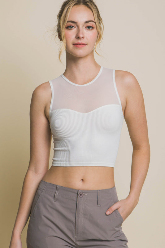 Round Neck Ribbed Cropped Mesh Tank Top