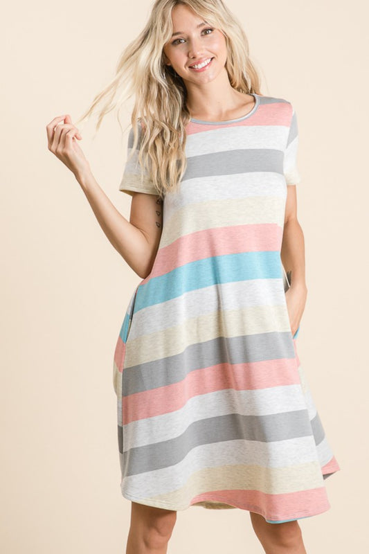 Striped Short Sleeve Dress with Pockets front2