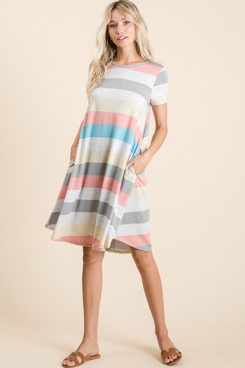 Striped Short Sleeve Dress with Pockets full 