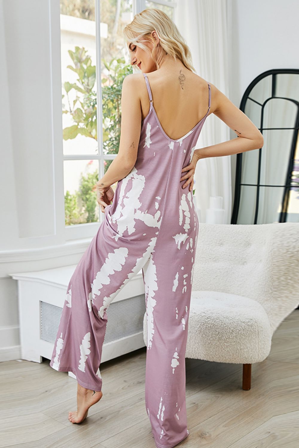 Tie-Dye Spaghetti Strap Jumpsuit with Pockets Pink Purple Back