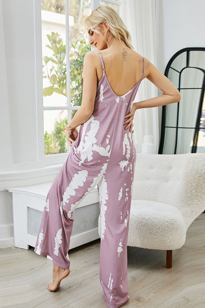 Tie-Dye Spaghetti Strap Jumpsuit with Pockets Pink Purple Back