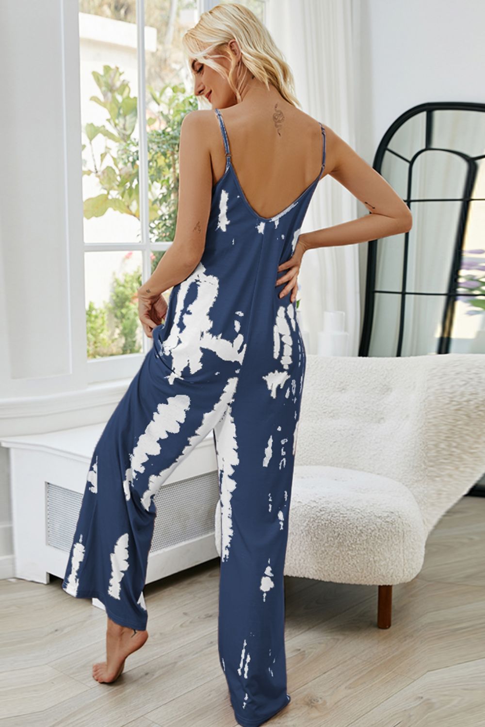Tie-Dye Spaghetti Strap Jumpsuit with Pockets in Navy Back