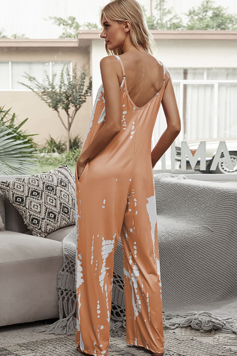 Tie-Dye Spaghetti Strap Jumpsuit with Pockets in Sherbet Back view