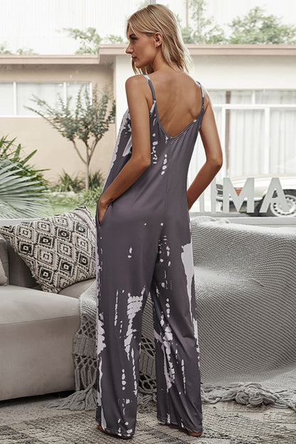 Tie-Dye Spaghetti Strap Jumpsuit with Pockets in Taupe Back