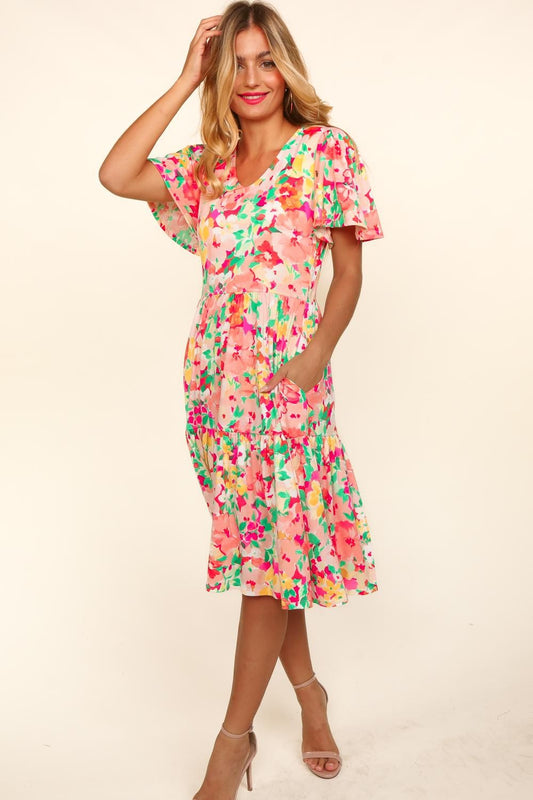 Tiered Floral Midi Dress with Pockets front